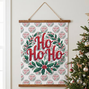 Ho Ho Ho Weihnachtskranz-Typografie-Design Wandteppich Mit Holzrahmen