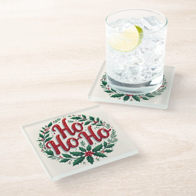 Ho Ho Ho Weihnachtskränze-Typografie-Design Glasuntersetzer (Schrägansicht)