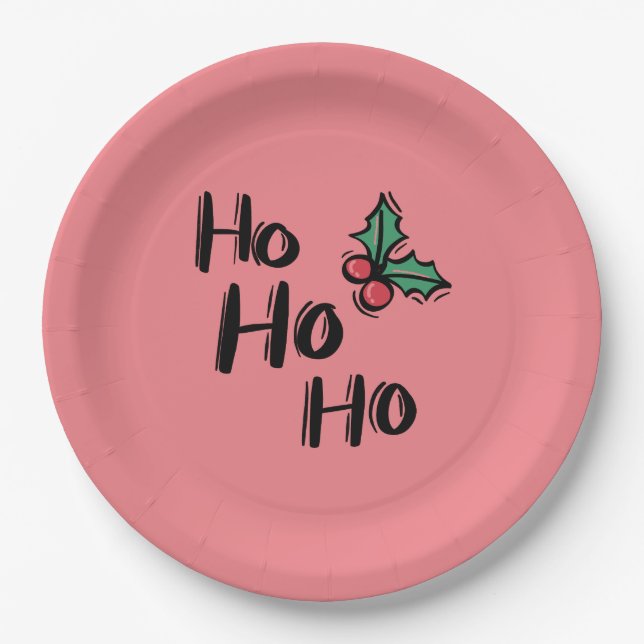 Ho Ho Holly Berry Pink Elegante Weihnachten Pappteller (Vorderseite)