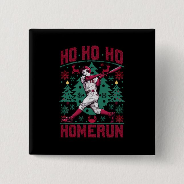 Ho Ho Homerun Baseball Ugly Weihnachts-Sweater Button (Vorderseite)