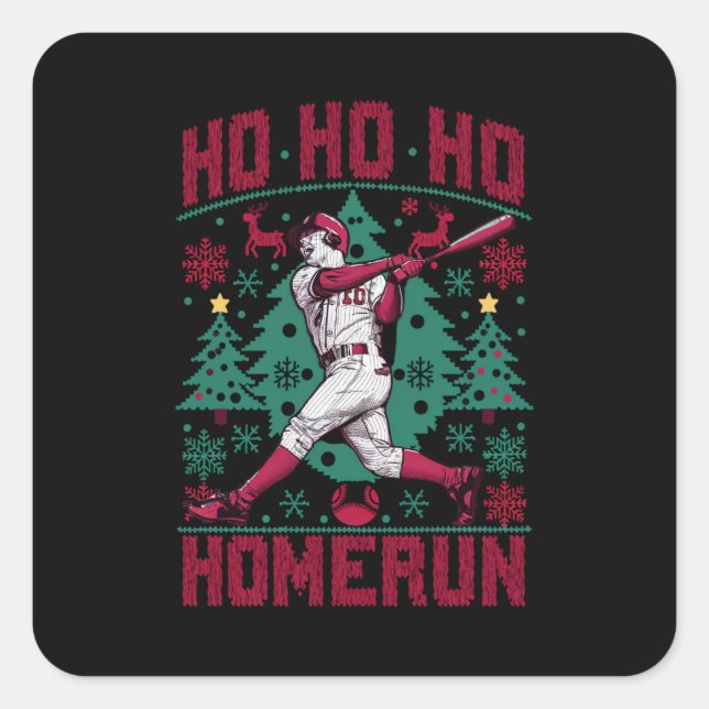 Ho Ho Homerun Baseball Ugly Weihnachts-Sweater Quadratischer Aufkleber (Vorderseite)