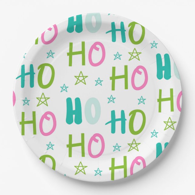 Ho Ho Pink Teal Stars Modern Christmas  Pappteller (Vorderseite)