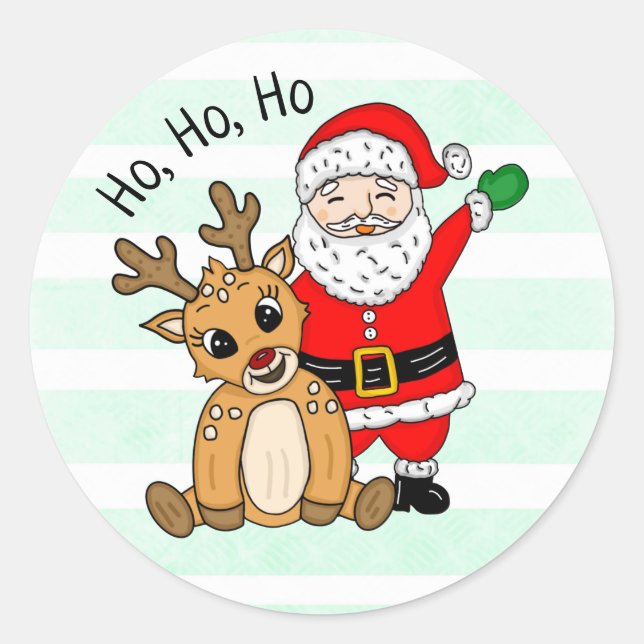 Ho Ho Rentier und Weihnachtsmann Runder Aufkleber (Vorderseite)