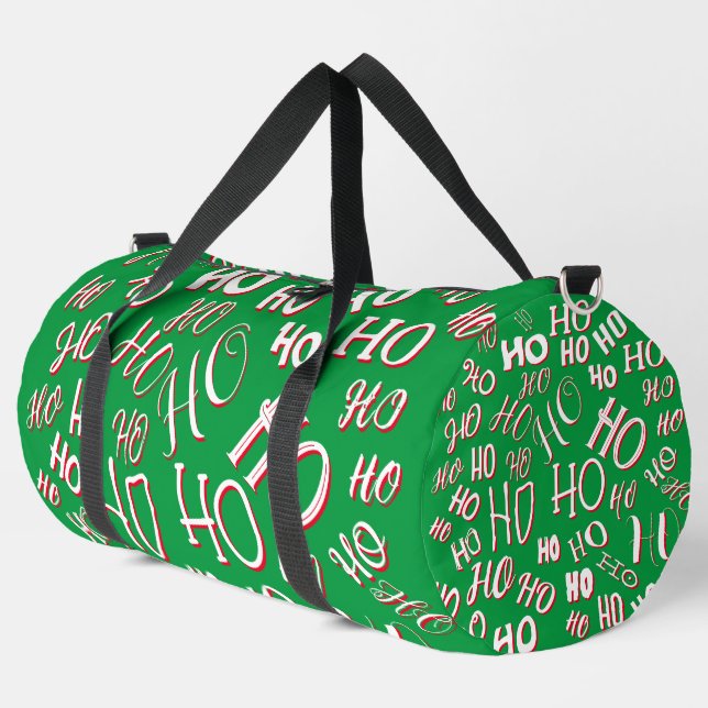 HO HO Weihnachts-Textmuster weiß grün rot Duffle Bag (Linke Ecke)