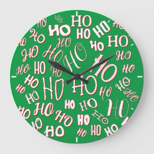 HO HO Weihnachts-Textmuster weiß grün rot Große Wanduhr