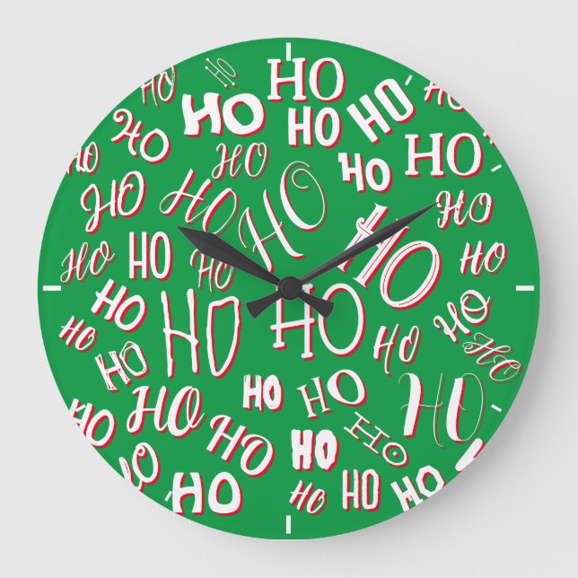 HO HO Weihnachts-Textmuster weiß grün rot Große Wanduhr (Vorderseite)