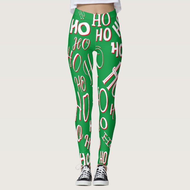HO HO Weihnachts-Textmuster weiß grün rot Leggings (Vorderseite)