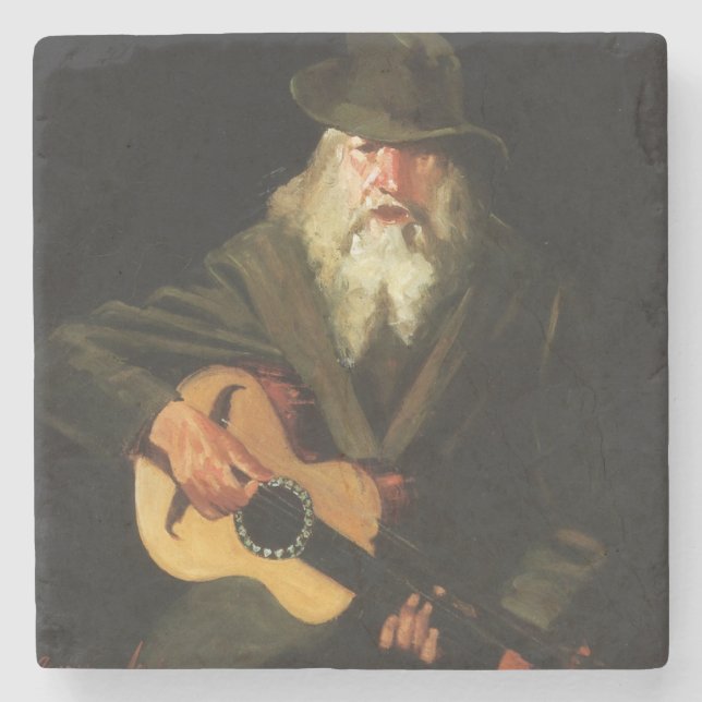 Hobo Musician (Gitarrist Old Man) (Vintag) Steinuntersetzer (Vorderseite)