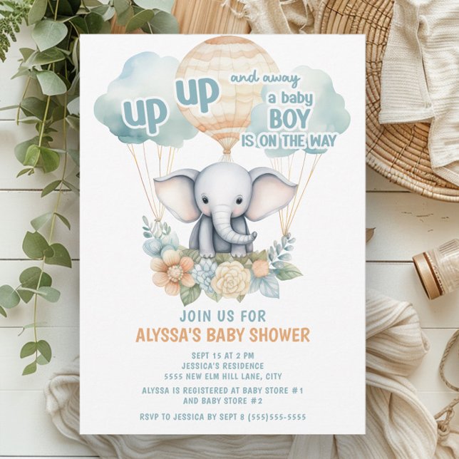 Hoch oben Elephant Hot Air Ballon Blue Boy Einladung (Up, up, and away. A baby boy is on his way. Elephant and hot air balloons baby shower invitation)