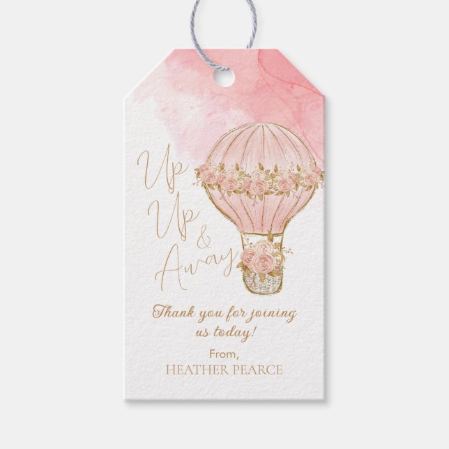 Hoch und weg Rose Heißluftballon Girl Babydusche Geschenkanhänger (Vorderseite)