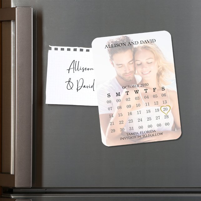 Hochfahren des Datumskalenders speichern Magnet (Wedding save-the-date photo magnet with calendar template. )