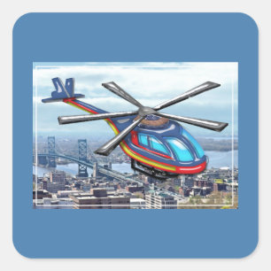 Hochfliegender Hubschrauber über Autobahnen Quadratischer Aufkleber