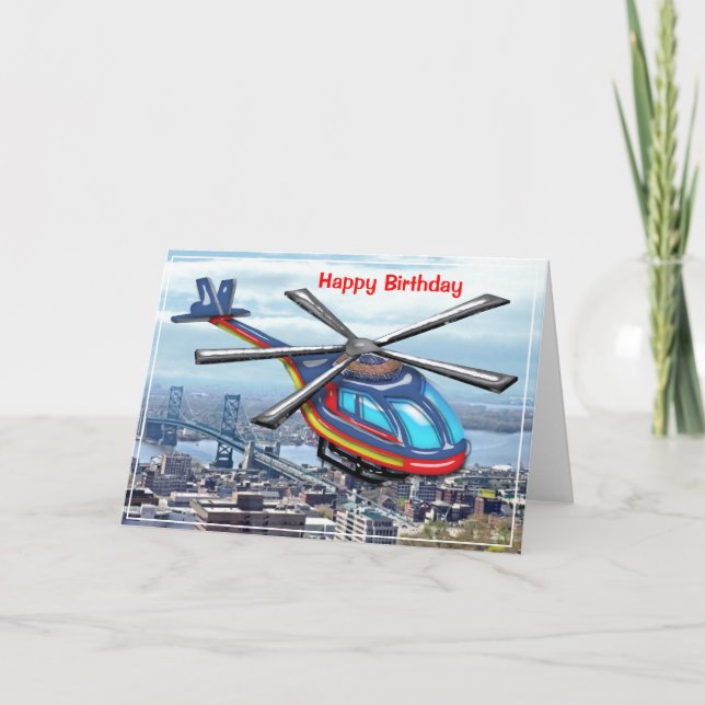 Hochfliegender Hubschrauber über City Happy Birthd Karte (Vorderseite)