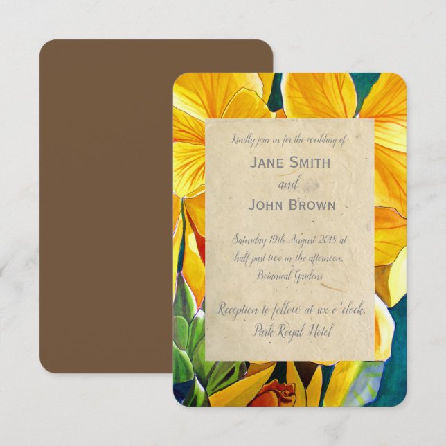 Hochgelbe Blumen Aquarellkunst rustikal Einladung (Vorne/Hinten)