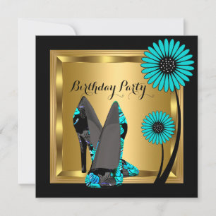 Hochhackige Schuh-Blumen-Teal-Schwarz-Birthday-Par Einladung