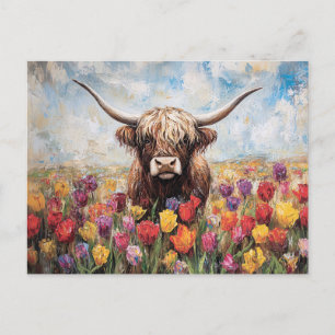 Hochland Kuh farbenfrohe Tulips Malerei Postkarte