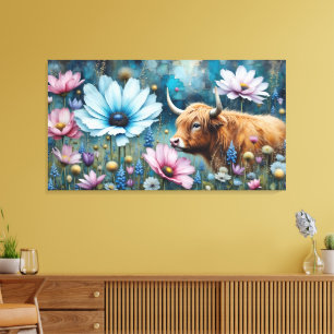 Hochland Kuh floral farbenfroher Kosmos Tapestry I Leinwanddruck
