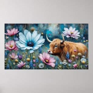 Hochland Kuh floral farbenfroher Kosmos Tapestry I Poster