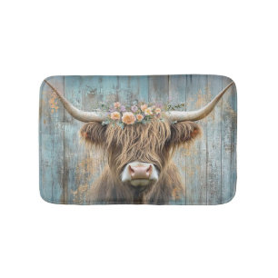 Hochland Kuh Floral Wreath Blauer Bauernhof Szene Badematte