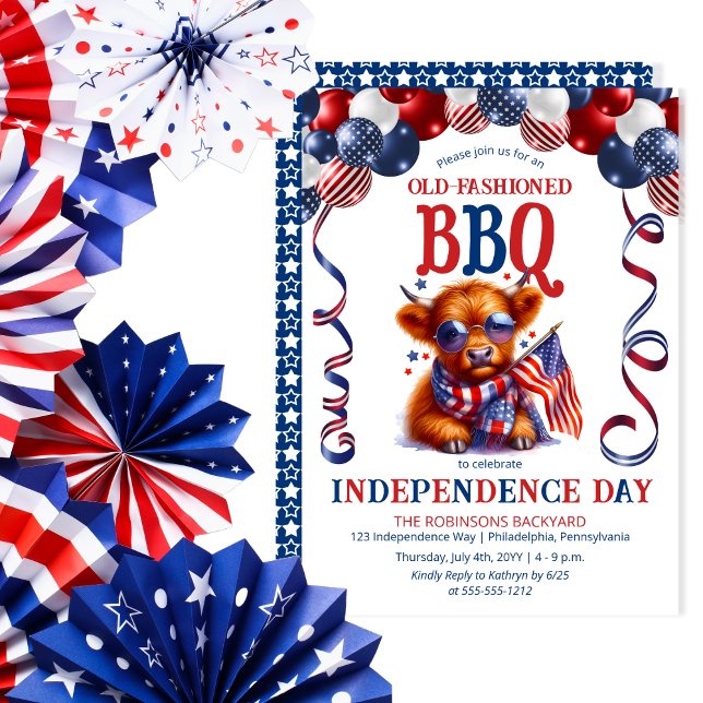 Hochland-Kuh-Sonnenbrille Unabhängigkeitstag GRILL Einladung (Balloon Arch Cute Cool Highland Cow Calf Sporting Sunglasses Independence Day BBQ July 4 Invitation)