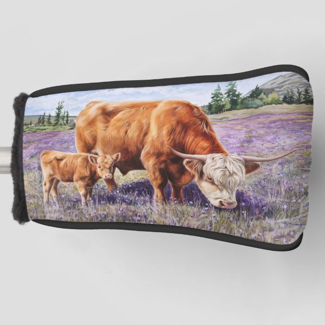 Hochland-Kuh und Kalb Lila Wildblumen Golf Headcover (Vorderseite)