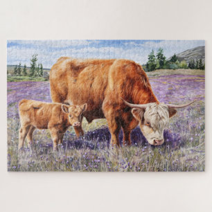 Hochland-Kuh und Kalb Lila Wildblumen Puzzle