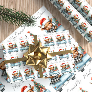 Hochland Kuh Vintag Blauer LKW Frohe Weihnachten Geschenkpapier