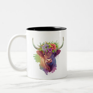 Hochland-Kuh-Wasserfarbe mit Blume Kronen Zweifarbige Tasse
