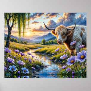Hochland/Longhorn-Kreuzung Kuh in florale Landscha Poster