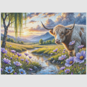 Hochland/Longhorn-Kreuzung Kuh in florale Landscha Seidenpapier
