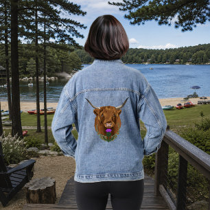 Hochland-Schottland-Kuh Lila keltische Knotenarbei Jeansjacke