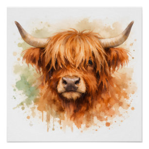 Hochlandkuh - Aquarell-Tiere Poster