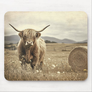 Hochlandkuh auf einem Heufeld im Vintage-Stil Mousepad
