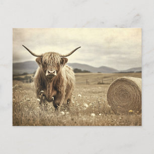 Hochlandkuh auf einem Heufeld im Vintage-Stil Postkarte