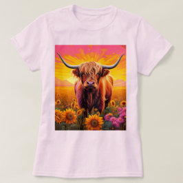 Hochlandkuh bei Sonnenblumen bei Sonnenaufgang T-Shirt