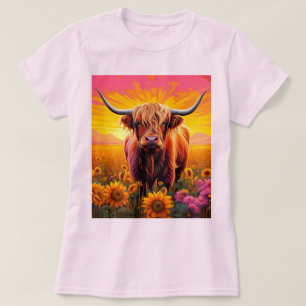 Hochlandkuh bei Sonnenblumen bei Sonnenaufgang T-Shirt