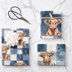 Hochlandkuh Blau Kariert Wasserfarbe Süß Geschenkpapier Set