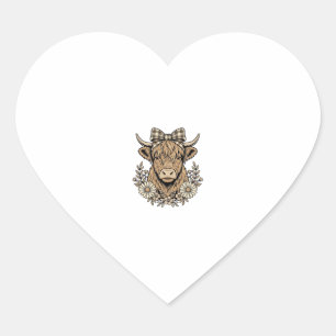 Hochlandkuh-Blumenband-Vintage-Stichdesign_1 Herz-Aufkleber