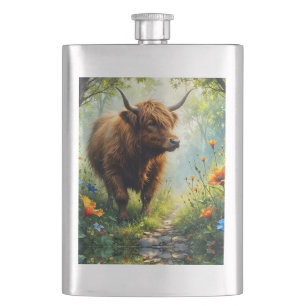 Hochlandkuh im Wald mit Wildblumen Flachmann
