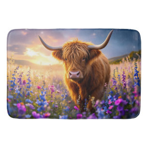 Hochlandkuh in einem Feld farbenfroher Blume Badematte