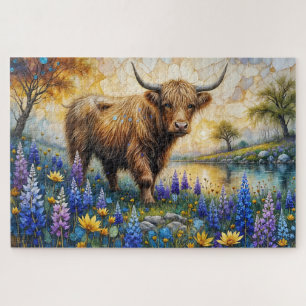 Hochlandkuh in einer blumigen Tallandschaft Puzzle