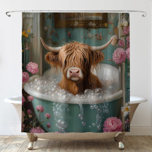 Hochlandkuh in floraler Badewanne Duschvorhang