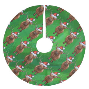 Hochlandkuh in Weihnachtsmannmütze-Muster auf Grün Polyester Weihnachtsbaumdecke