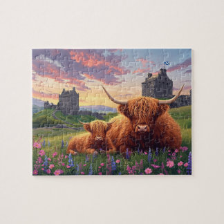 Hochlandkuh-Kalb Schottisches Schloss Sonnenunterg Puzzle
