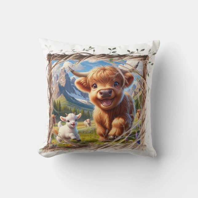 Hochlandkuh-Kissen - rustikale Bauernhausdekoratio Kissen (Vorderseite)