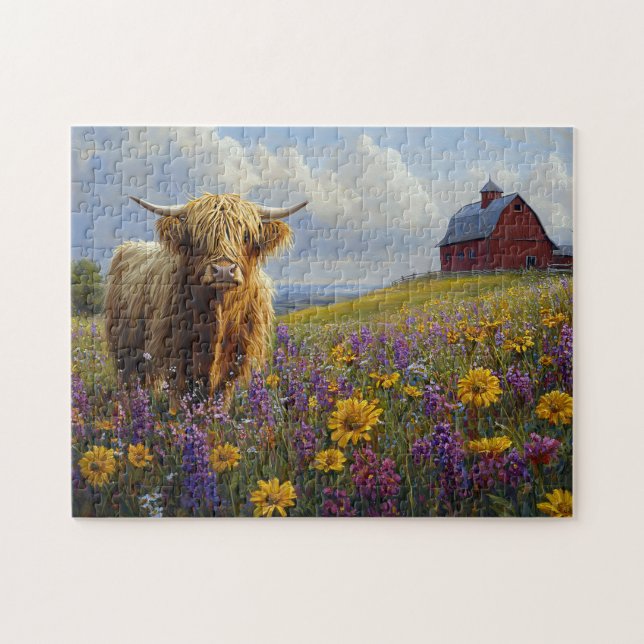 Hochlandkuh Lila Gelbe Wildblumen Puzzle (Horizontal)