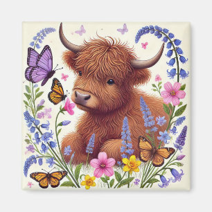 Hochlandkuh mit Blumen und Schmetterlingen Magnet
