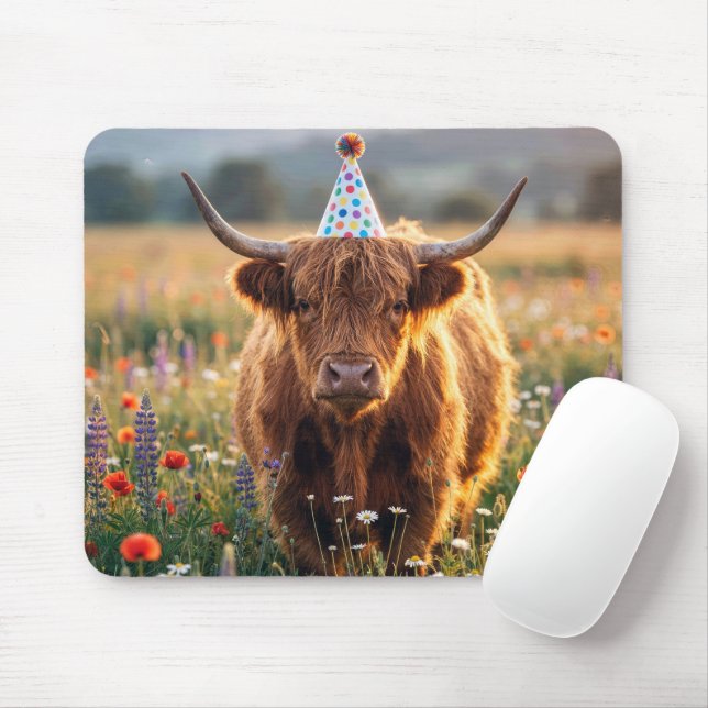 Hochlandkuh mit Geburtstagshut Mousepad (Mit Mouse)