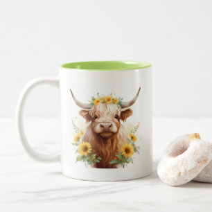 Hochlandkuh mit Gelbblütenkrone (Gelbblütenkrone) Zweifarbige Tasse
