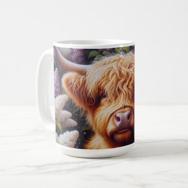 Hochlandkuh mit Lilac-Blume Kaffeetasse (Vorderseite Links)